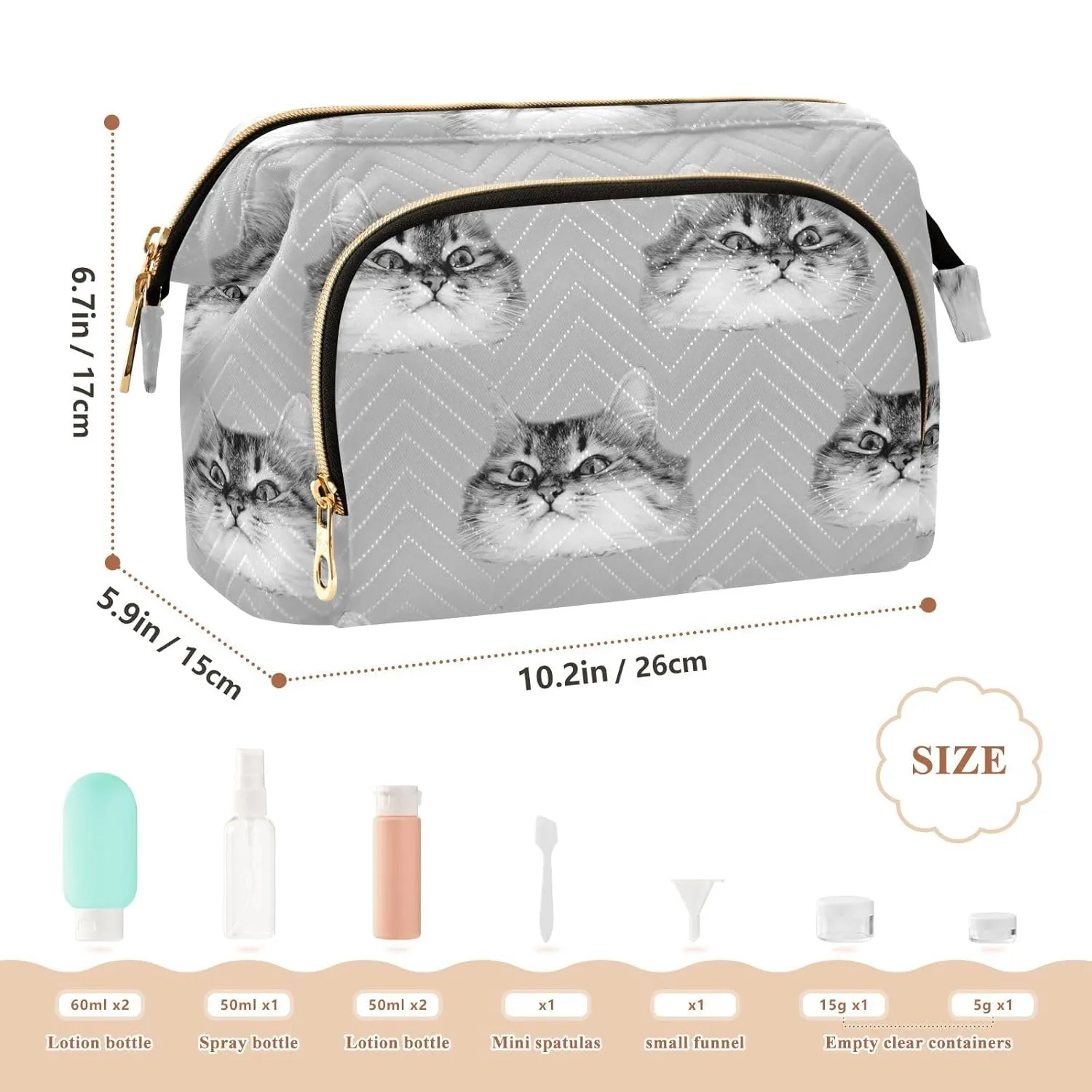 Women Wave Quilt Cosmetic Bag, Zipper Toiletry Storage 10.2x5.9x6.7 in, Pouch Handbag Makeup Case Purse Holder Organizer Print Cat Heads Seamless