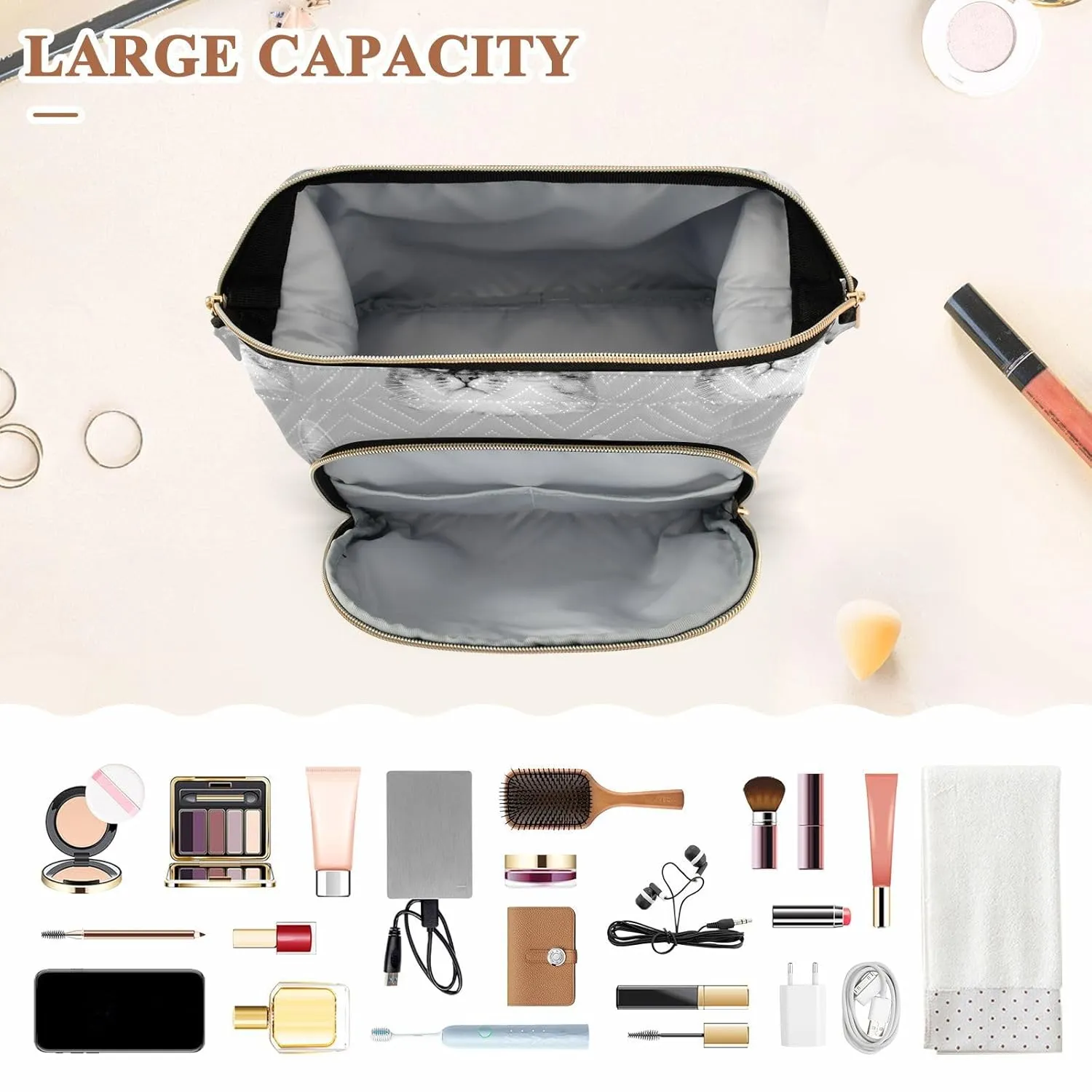 Women Wave Quilt Cosmetic Bag, Zipper Toiletry Storage 10.2x5.9x6.7 in, Pouch Handbag Makeup Case Purse Holder Organizer Print Cat Heads Seamless