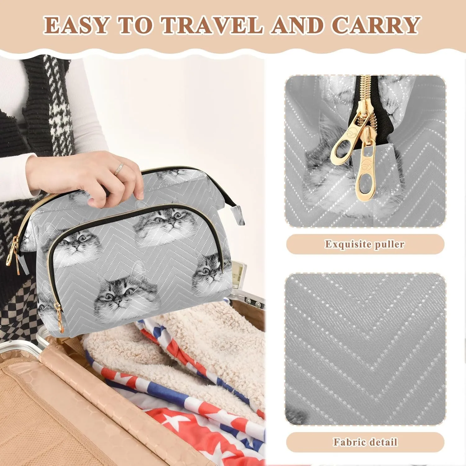Women Wave Quilt Cosmetic Bag, Zipper Toiletry Storage 10.2x5.9x6.7 in, Pouch Handbag Makeup Case Purse Holder Organizer Print Cat Heads Seamless