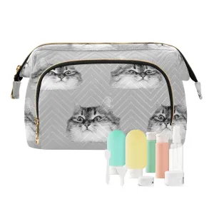 Women Wave Quilt Cosmetic Bag, Zipper Toiletry Storage 10.2x5.9x6.7 in, Pouch Handbag Makeup Case Purse Holder Organizer Print Cat Heads Seamless