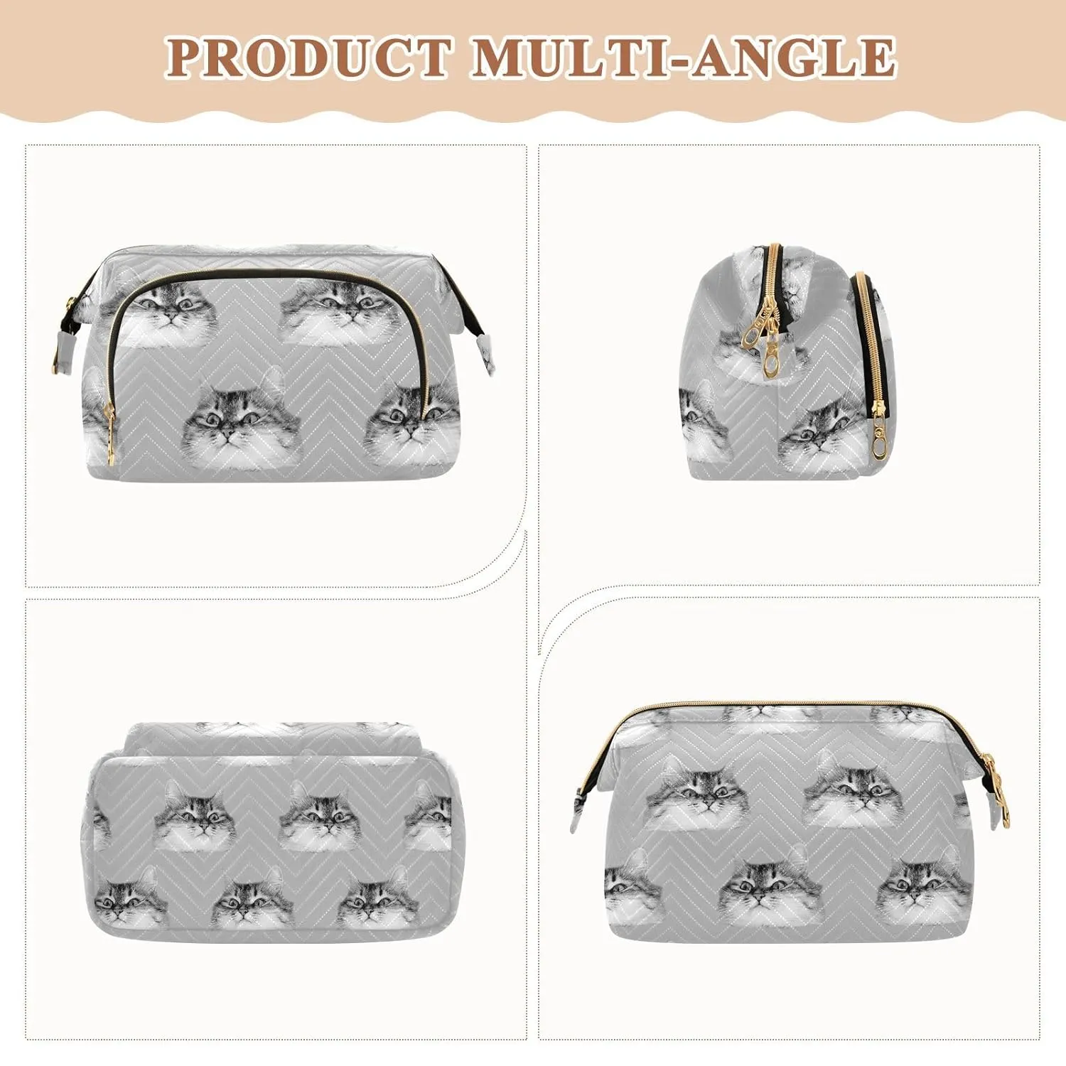 Women Wave Quilt Cosmetic Bag, Zipper Toiletry Storage 10.2x5.9x6.7 in, Pouch Handbag Makeup Case Purse Holder Organizer Print Cat Heads Seamless