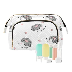 Women Wave Quilt Cosmetic Bag, Zipper Toiletry Storage 10.2x5.9x6.7 in, Pouch Handbag Makeup Case Purse Holder Organizer Print Grey White Hedgehogs Pink Hearts Seamless On White