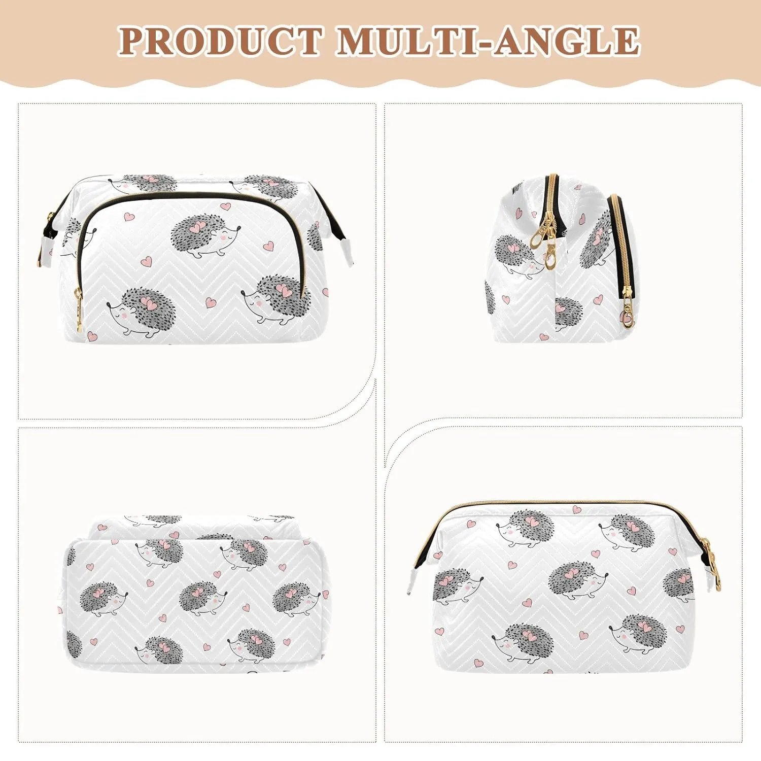 Women Wave Quilt Cosmetic Bag, Zipper Toiletry Storage 10.2x5.9x6.7 in, Pouch Handbag Makeup Case Purse Holder Organizer Print Grey White Hedgehogs Pink Hearts Seamless On White