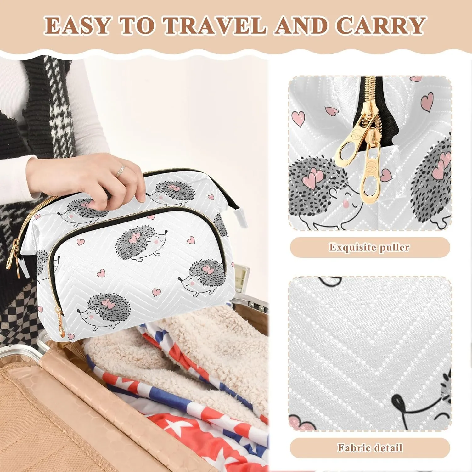 Women Wave Quilt Cosmetic Bag, Zipper Toiletry Storage 10.2x5.9x6.7 in, Pouch Handbag Makeup Case Purse Holder Organizer Print Grey White Hedgehogs Pink Hearts Seamless On White