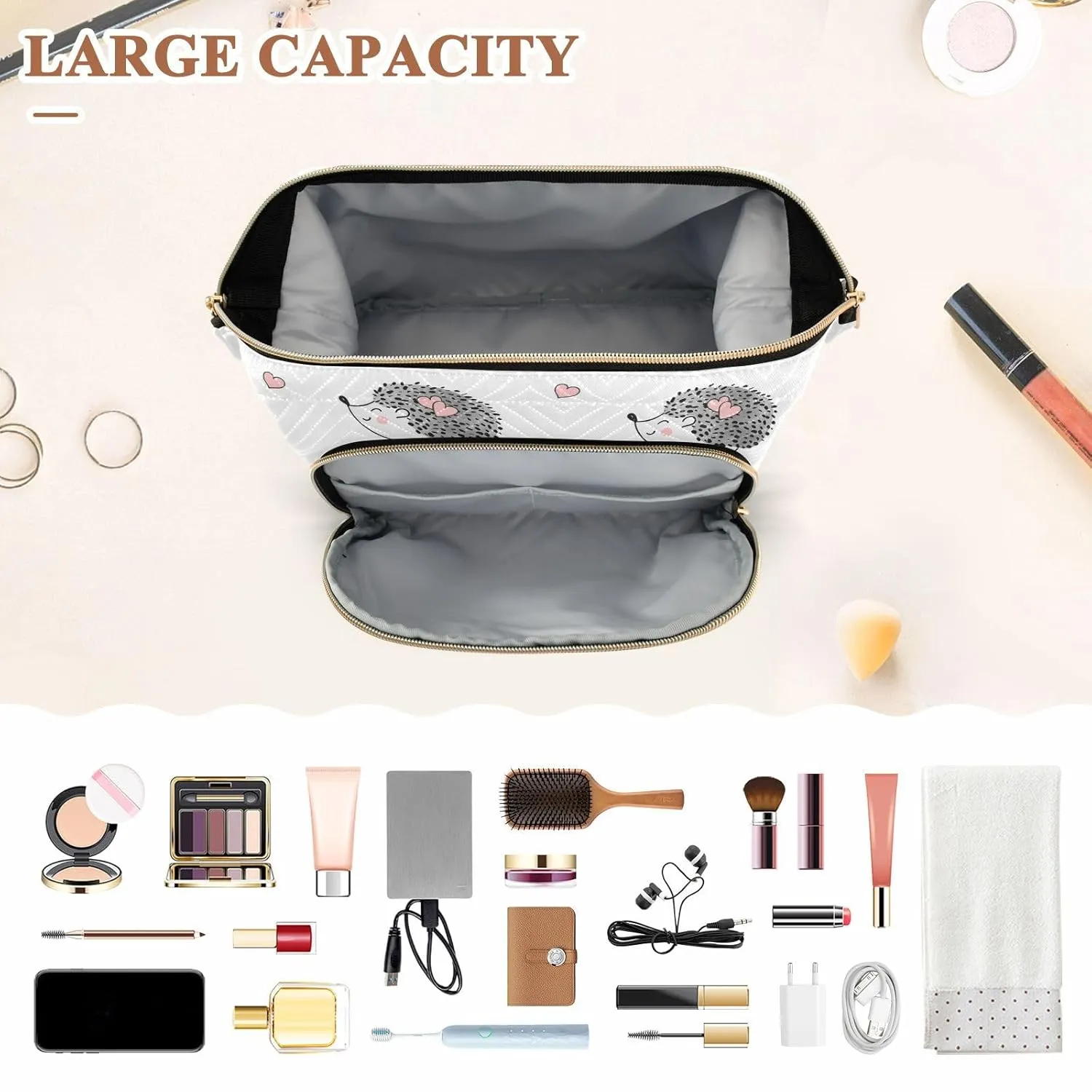 Women Wave Quilt Cosmetic Bag, Zipper Toiletry Storage 10.2x5.9x6.7 in, Pouch Handbag Makeup Case Purse Holder Organizer Print Grey White Hedgehogs Pink Hearts Seamless On White