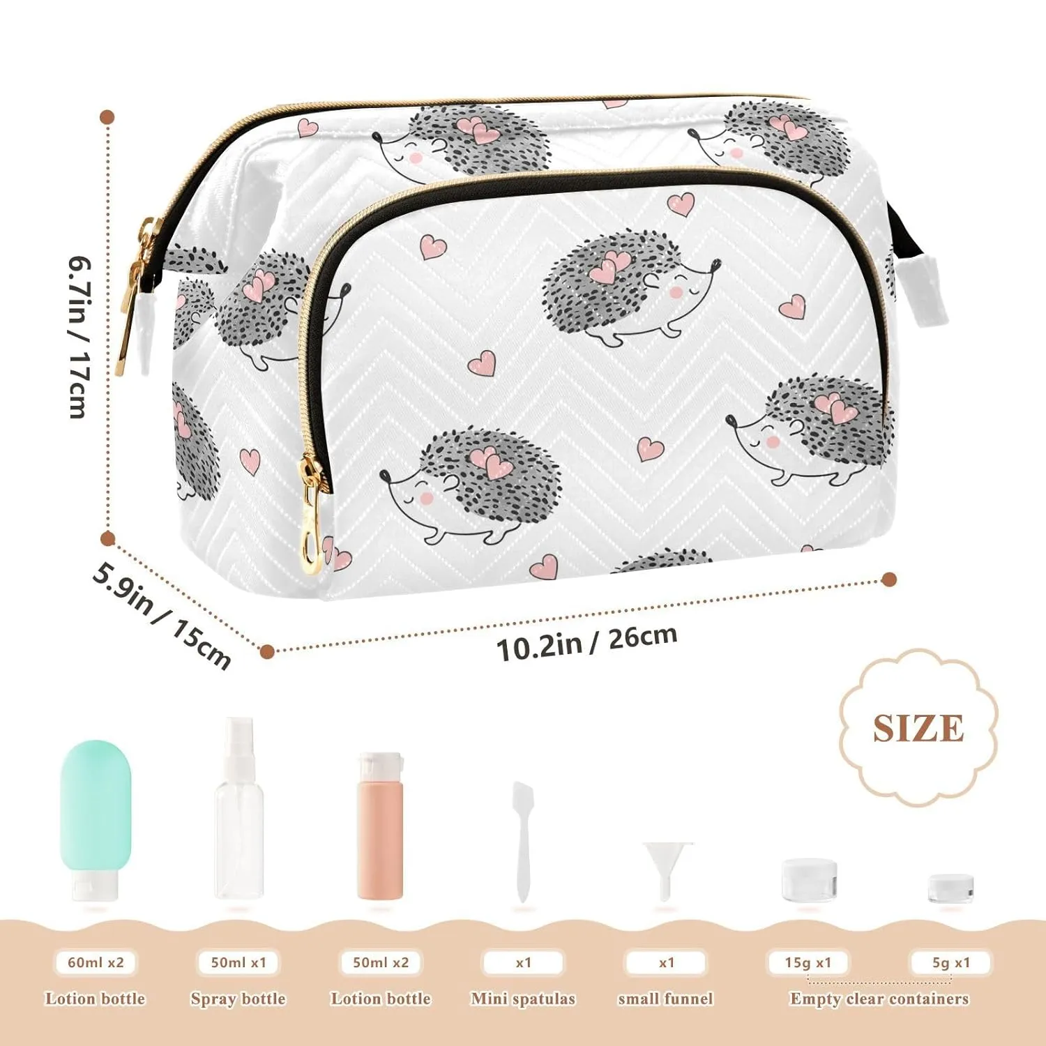 Women Wave Quilt Cosmetic Bag, Zipper Toiletry Storage 10.2x5.9x6.7 in, Pouch Handbag Makeup Case Purse Holder Organizer Print Grey White Hedgehogs Pink Hearts Seamless On White