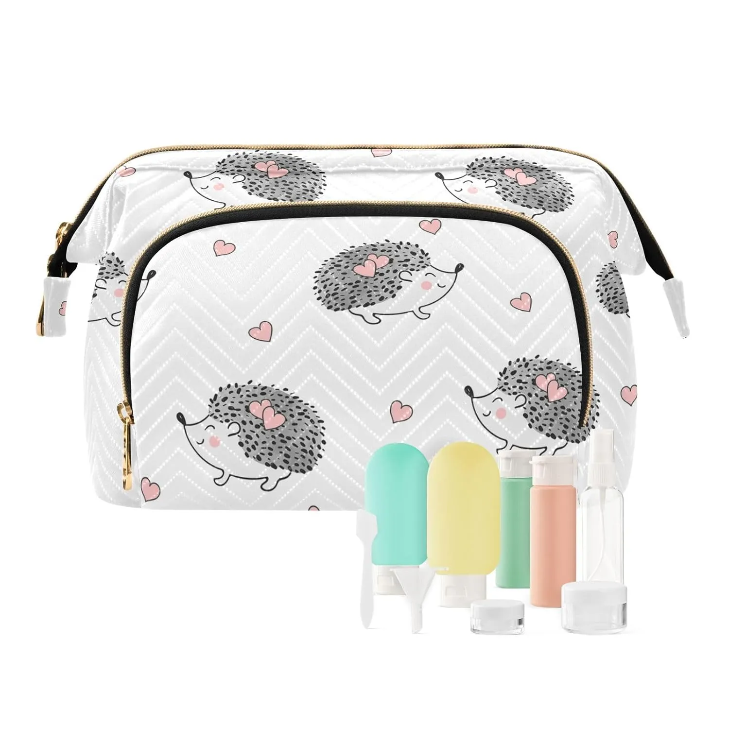 Women Wave Quilt Cosmetic Bag, Zipper Toiletry Storage 10.2x5.9x6.7 in, Pouch Handbag Makeup Case Purse Holder Organizer Print Grey White Hedgehogs Pink Hearts Seamless On White