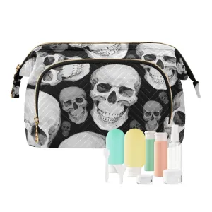 Women Wave Quilt Cosmetic Bag, Zipper Toiletry Storage 10.2x5.9x6.7 in, Pouch Handbag Makeup Case Purse Holder Organizer Print Human Head Sketch Vintage