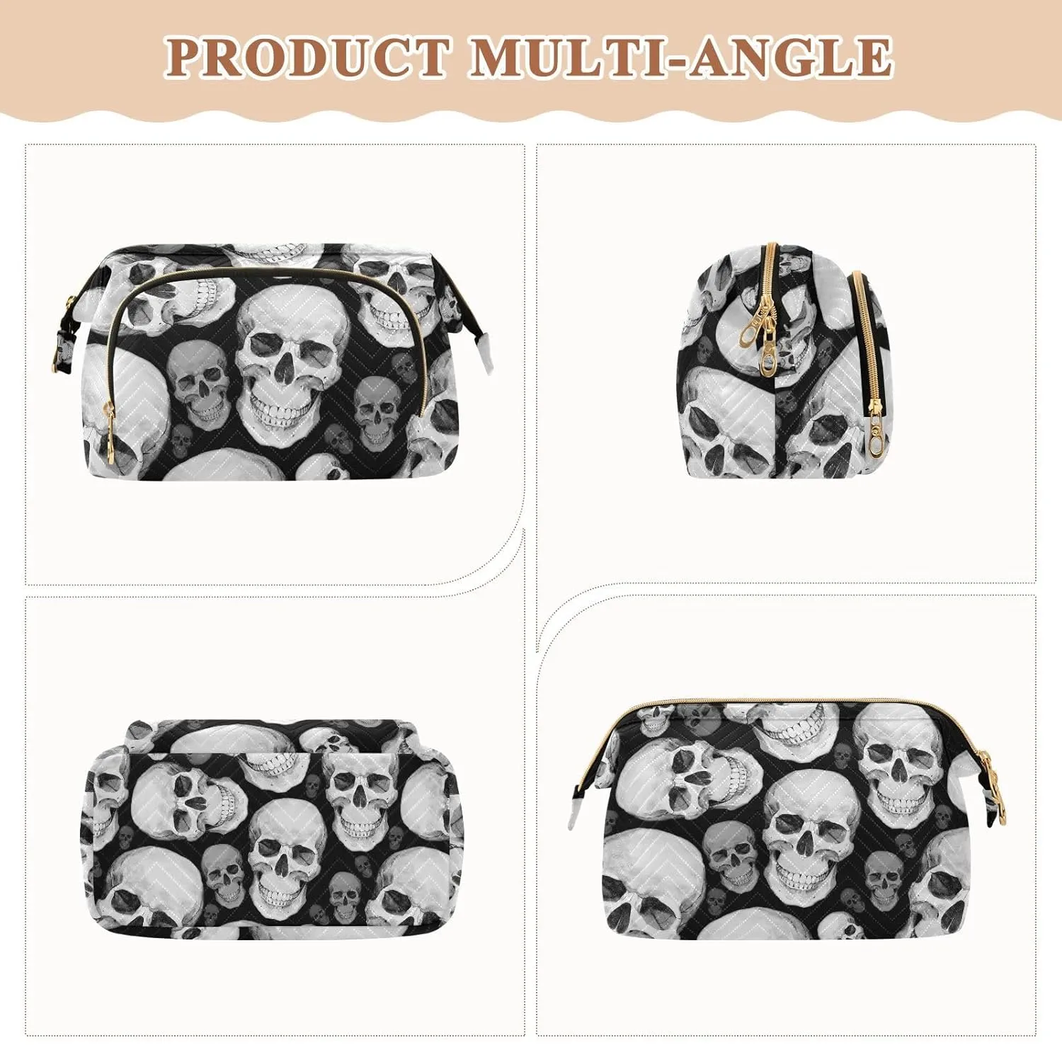 Women Wave Quilt Cosmetic Bag, Zipper Toiletry Storage 10.2x5.9x6.7 in, Pouch Handbag Makeup Case Purse Holder Organizer Print Human Head Sketch Vintage