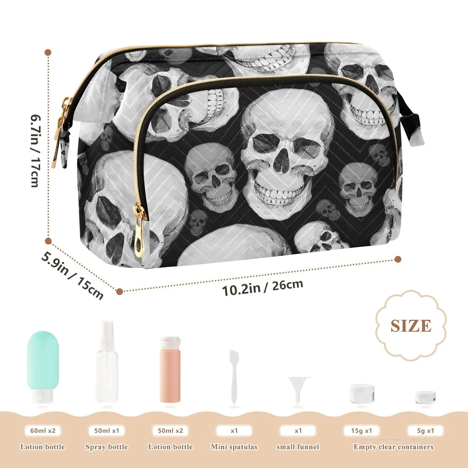 Women Wave Quilt Cosmetic Bag, Zipper Toiletry Storage 10.2x5.9x6.7 in, Pouch Handbag Makeup Case Purse Holder Organizer Print Human Head Sketch Vintage