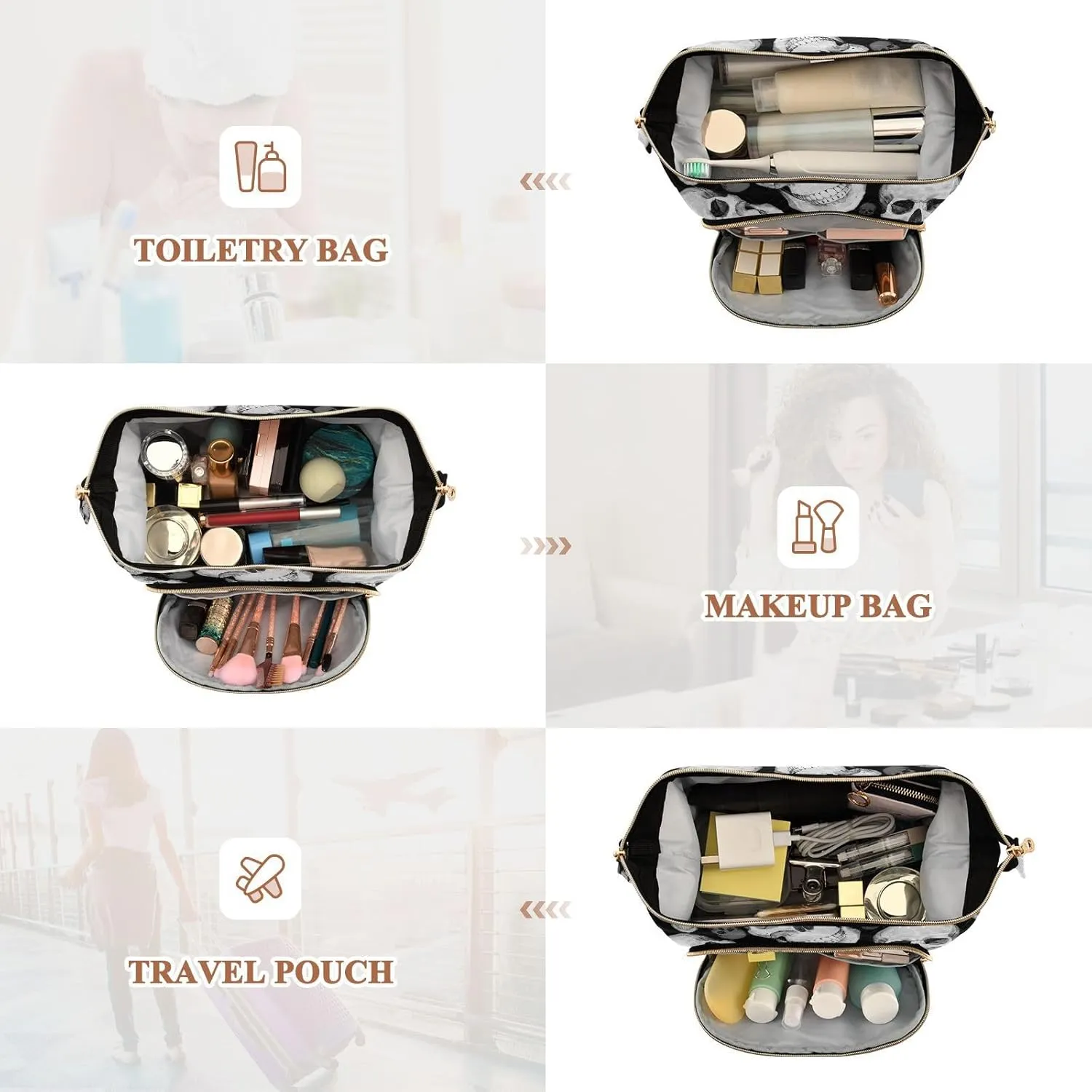 Women Wave Quilt Cosmetic Bag, Zipper Toiletry Storage 10.2x5.9x6.7 in, Pouch Handbag Makeup Case Purse Holder Organizer Print Human Head Sketch Vintage