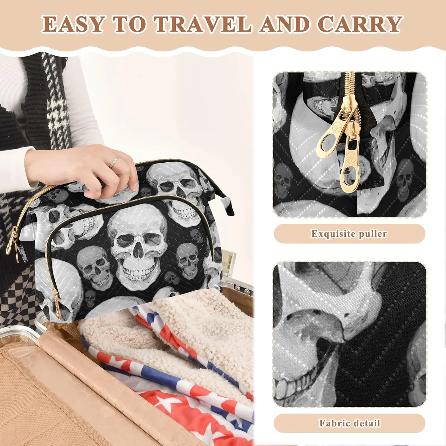 Women Wave Quilt Cosmetic Bag, Zipper Toiletry Storage 10.2x5.9x6.7 in, Pouch Handbag Makeup Case Purse Holder Organizer Print Human Head Sketch Vintage