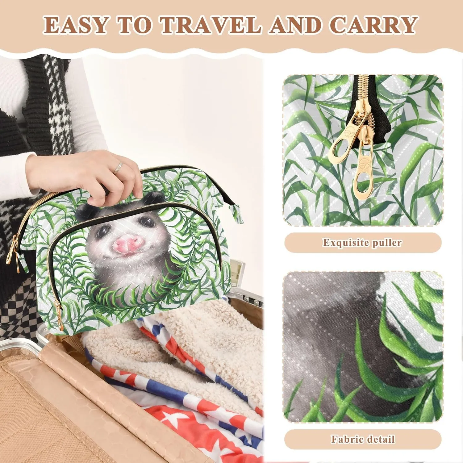 Women Wave Quilt Cosmetic Bag, Zipper Toiletry Storage 10.2x5.9x6.7 in, Pouch Handbag Makeup Case Purse Holder Organizer Print Opossums Seamless Green