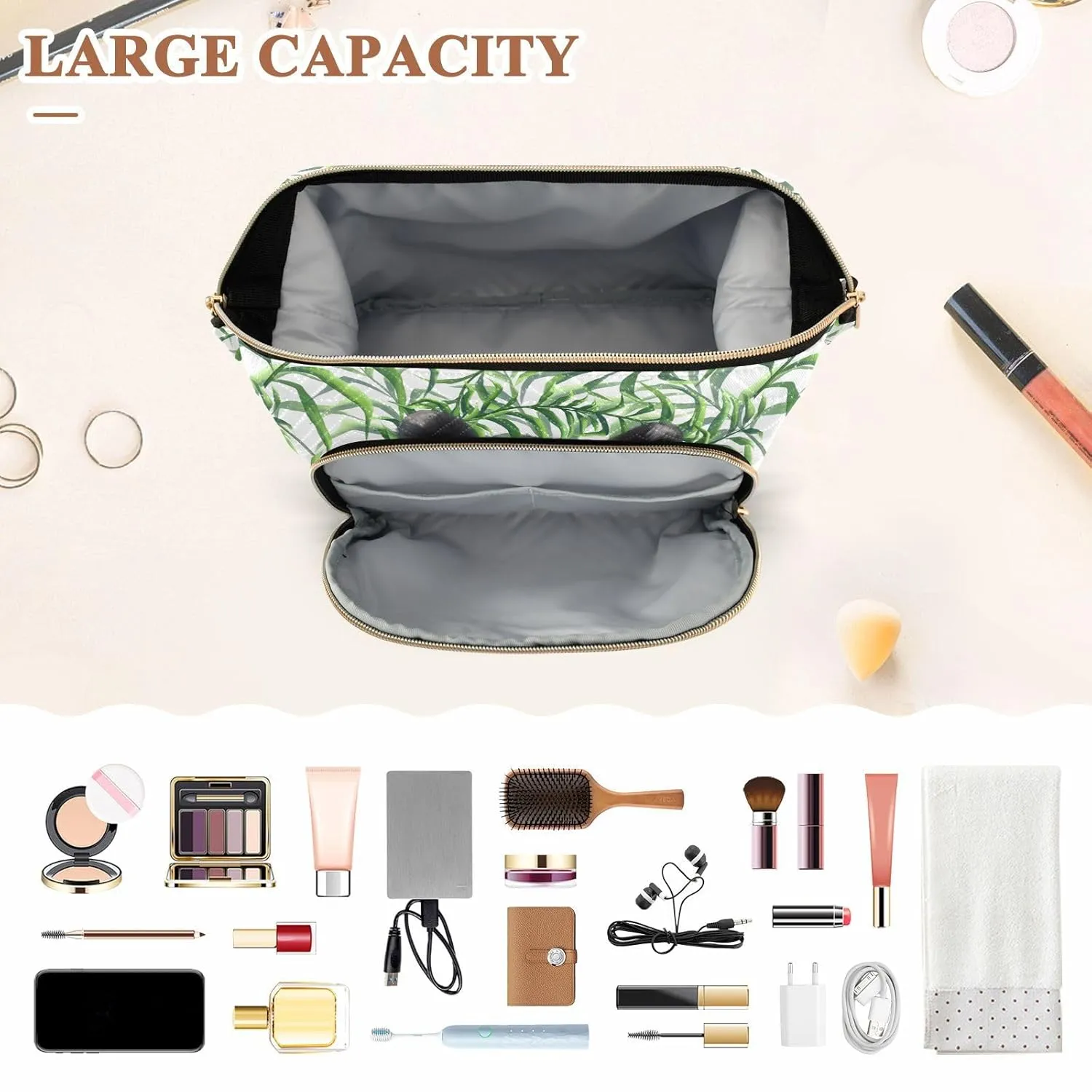 Women Wave Quilt Cosmetic Bag, Zipper Toiletry Storage 10.2x5.9x6.7 in, Pouch Handbag Makeup Case Purse Holder Organizer Print Opossums Seamless Green
