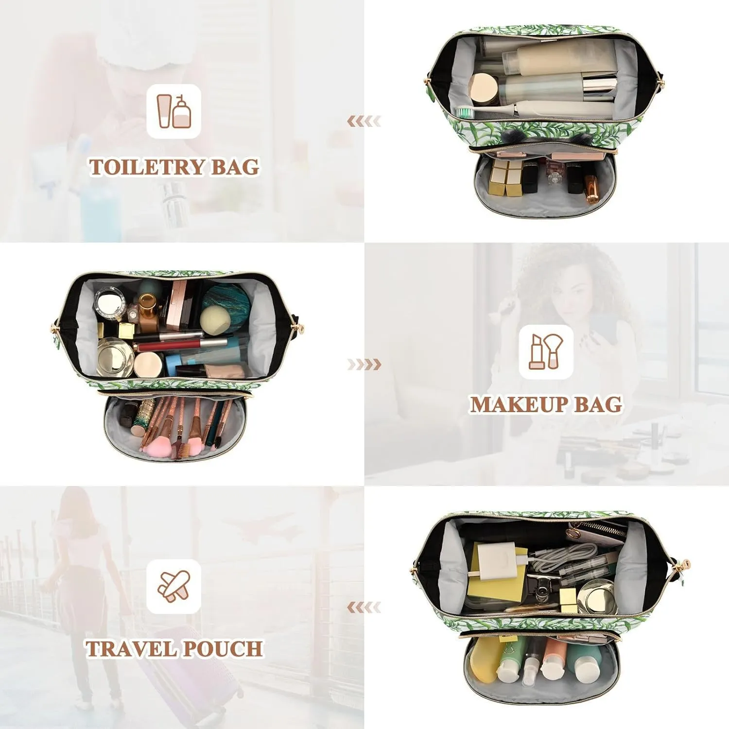 Women Wave Quilt Cosmetic Bag, Zipper Toiletry Storage 10.2x5.9x6.7 in, Pouch Handbag Makeup Case Purse Holder Organizer Print Opossums Seamless Green