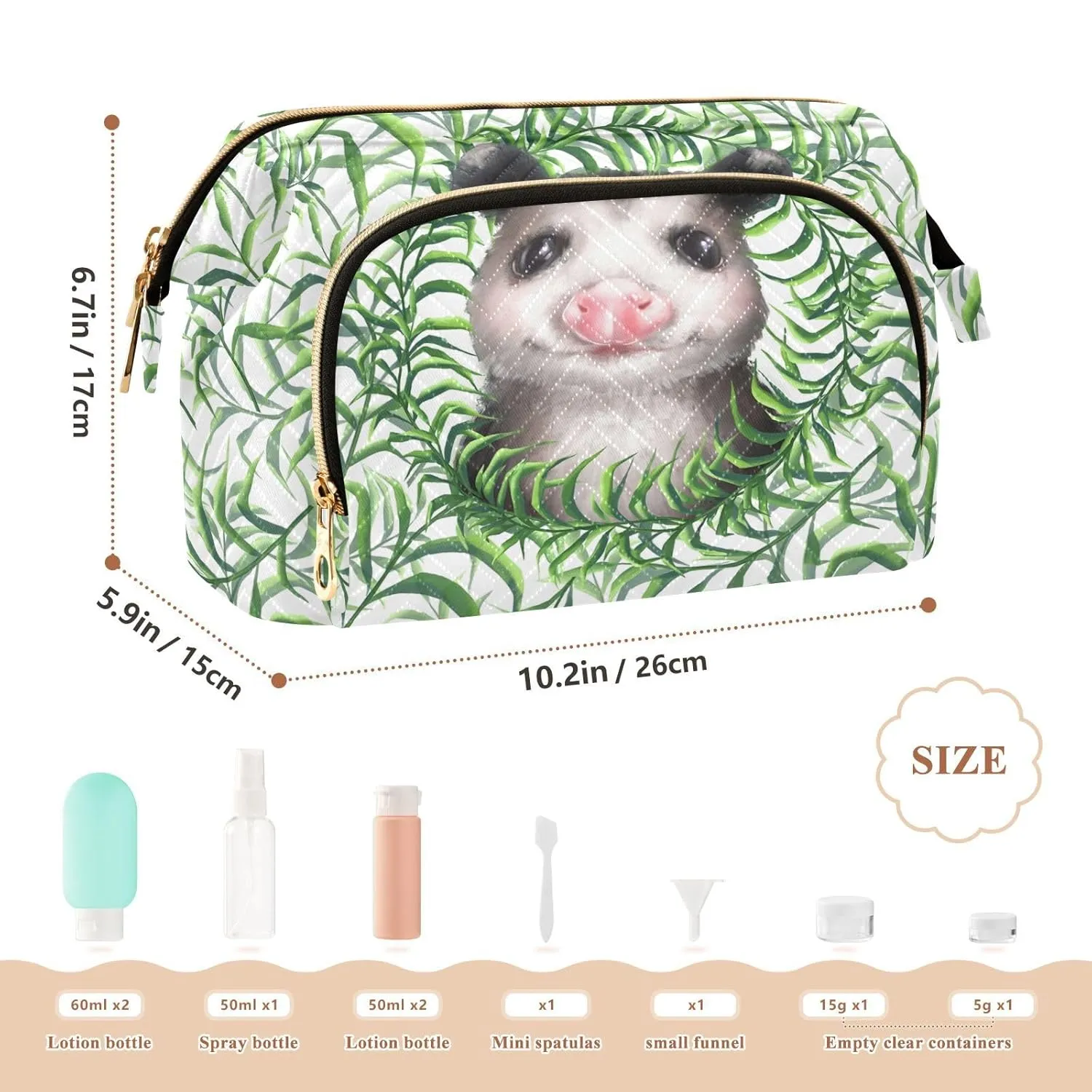 Women Wave Quilt Cosmetic Bag, Zipper Toiletry Storage 10.2x5.9x6.7 in, Pouch Handbag Makeup Case Purse Holder Organizer Print Opossums Seamless Green