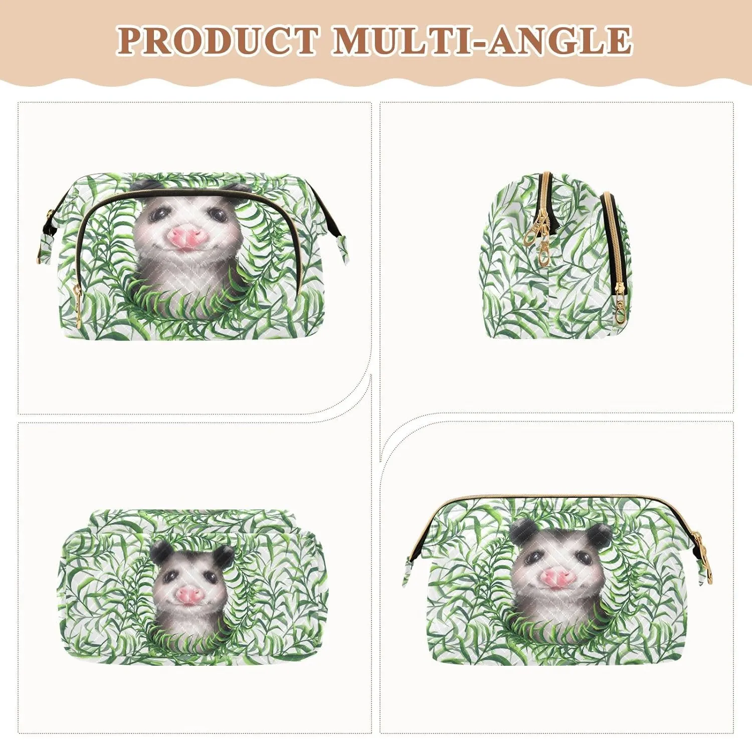 Women Wave Quilt Cosmetic Bag, Zipper Toiletry Storage 10.2x5.9x6.7 in, Pouch Handbag Makeup Case Purse Holder Organizer Print Opossums Seamless Green