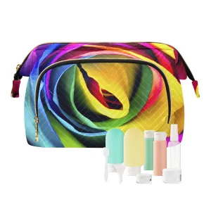 Women Wave Quilt Cosmetic Bag, Zipper Toiletry Storage 10.2x5.9x6.7 in, Pouch Handbag Makeup Case Purse Holder Organizer Vivid Rainbow Roses Texture