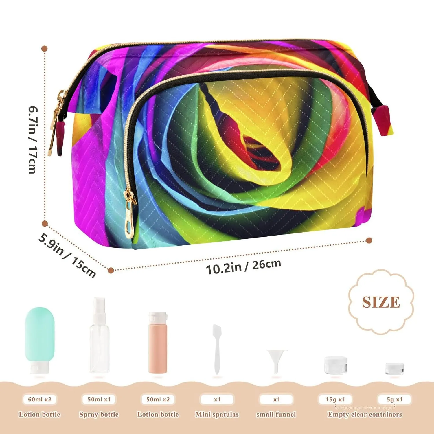 Women Wave Quilt Cosmetic Bag, Zipper Toiletry Storage 10.2x5.9x6.7 in, Pouch Handbag Makeup Case Purse Holder Organizer Vivid Rainbow Roses Texture