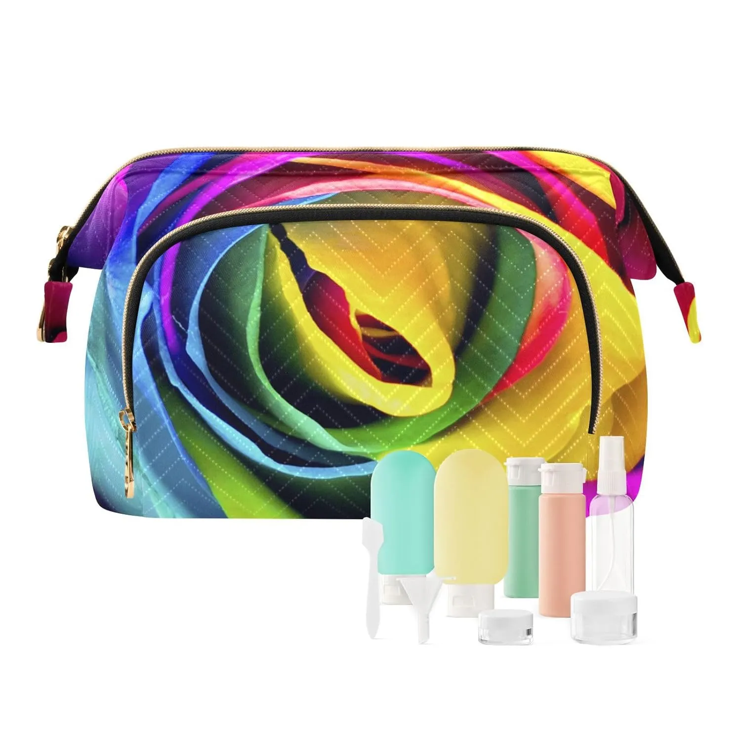 Women Wave Quilt Cosmetic Bag, Zipper Toiletry Storage 10.2x5.9x6.7 in, Pouch Handbag Makeup Case Purse Holder Organizer Vivid Rainbow Roses Texture