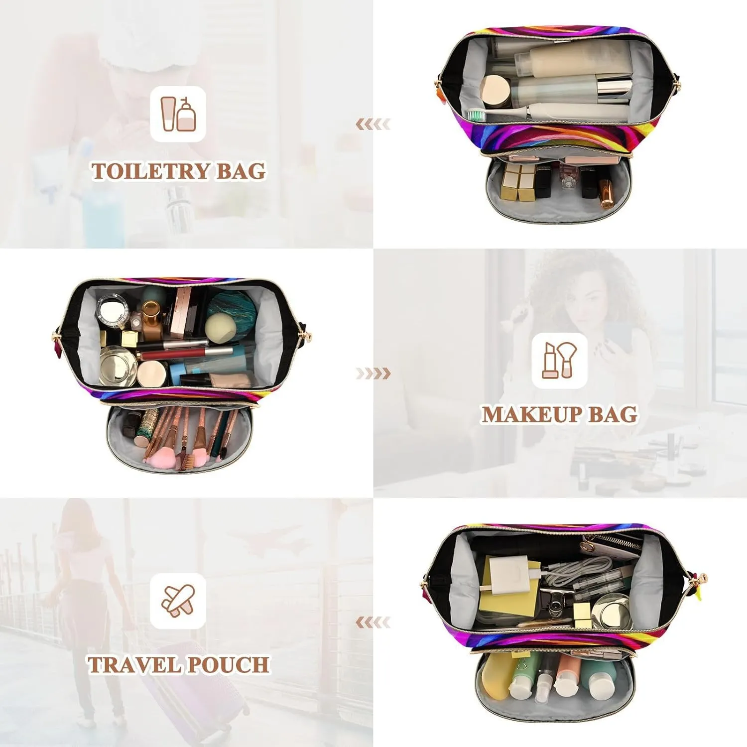 Women Wave Quilt Cosmetic Bag, Zipper Toiletry Storage 10.2x5.9x6.7 in, Pouch Handbag Makeup Case Purse Holder Organizer Vivid Rainbow Roses Texture