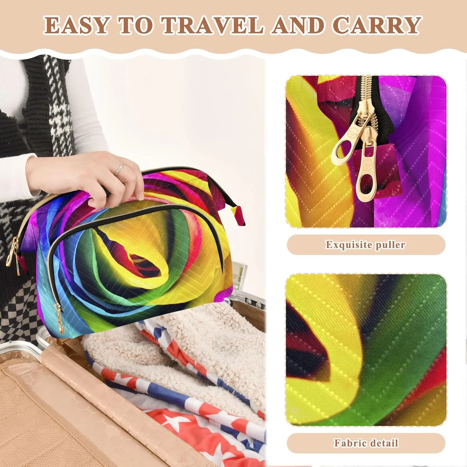 Women Wave Quilt Cosmetic Bag, Zipper Toiletry Storage 10.2x5.9x6.7 in, Pouch Handbag Makeup Case Purse Holder Organizer Vivid Rainbow Roses Texture