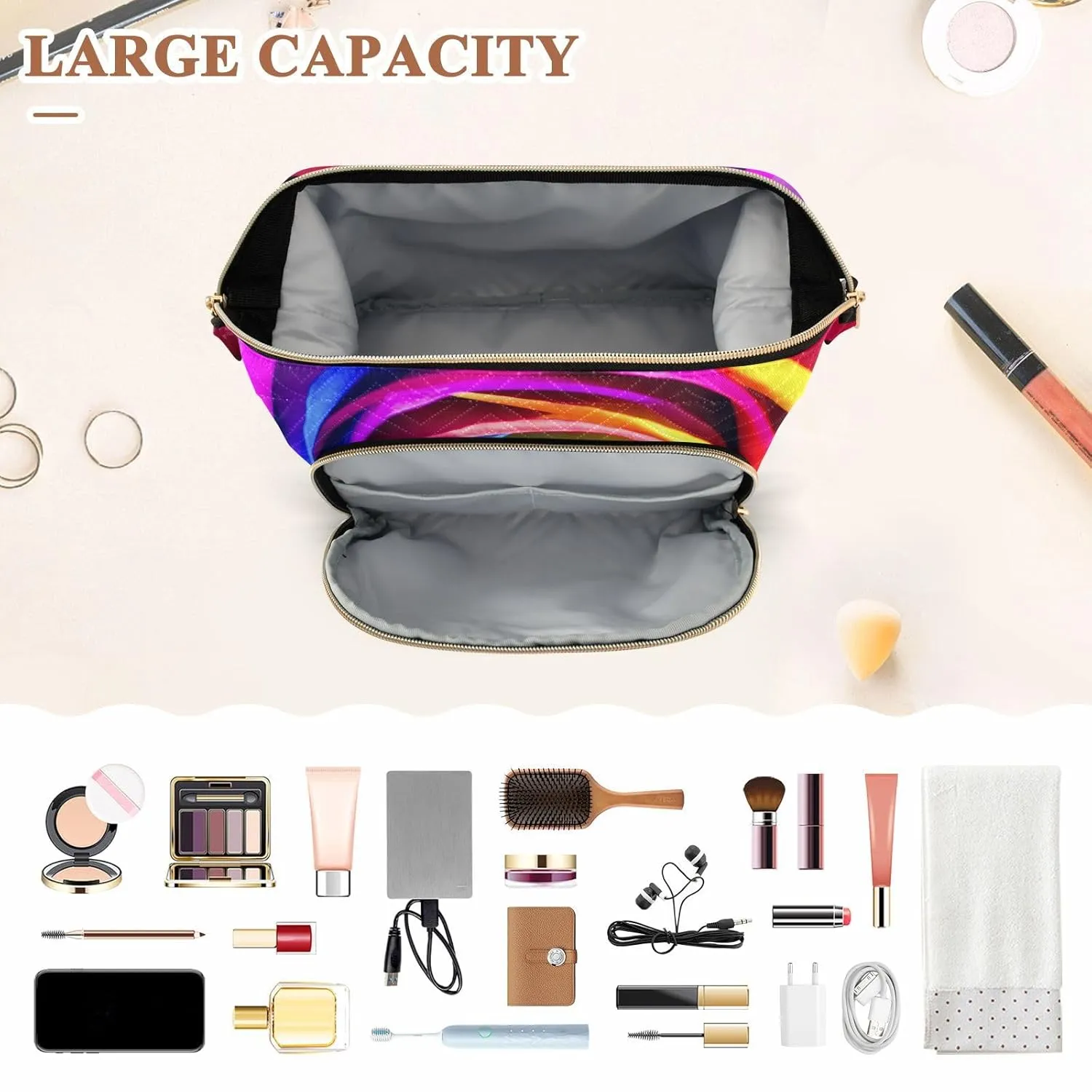 Women Wave Quilt Cosmetic Bag, Zipper Toiletry Storage 10.2x5.9x6.7 in, Pouch Handbag Makeup Case Purse Holder Organizer Vivid Rainbow Roses Texture