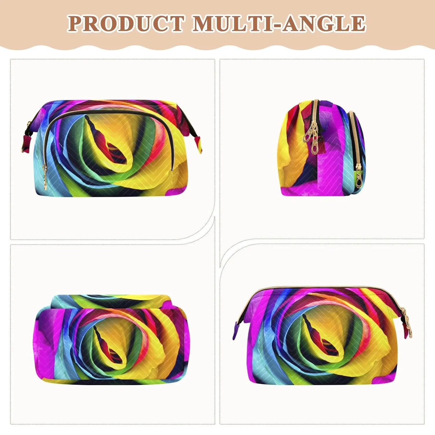Women Wave Quilt Cosmetic Bag, Zipper Toiletry Storage 10.2x5.9x6.7 in, Pouch Handbag Makeup Case Purse Holder Organizer Vivid Rainbow Roses Texture