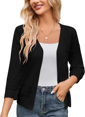 Women's 2025 Cropped Cardigan 3/4 Sleeve Lightweight Crochet Shrug Hollowed-Out Knit Sweater Tops S-XXL