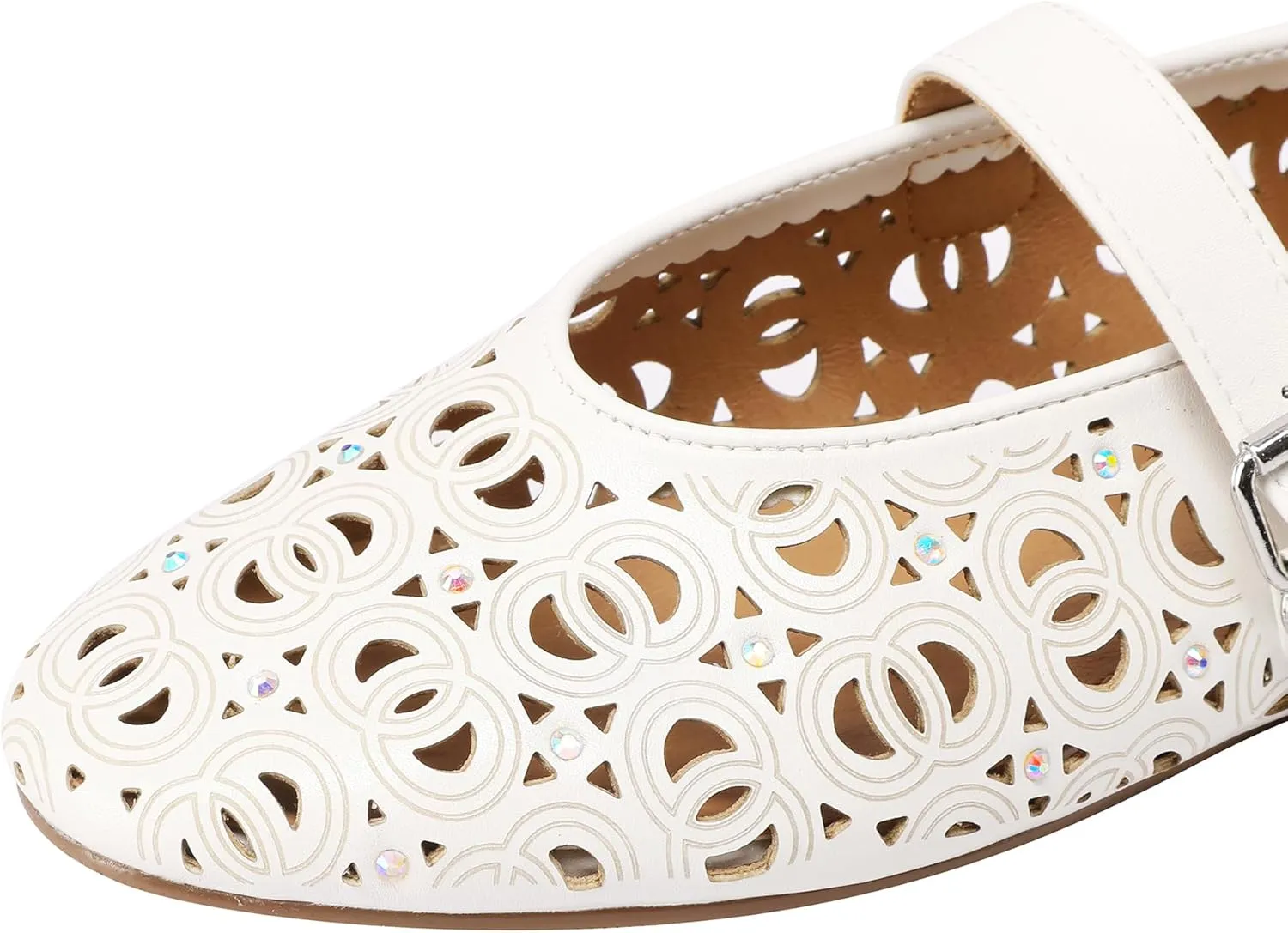 Women's Ballet Flats Laser Cut Leather Ballerinas Round Toe Rhinestone Buckle Flats Mesh Flats