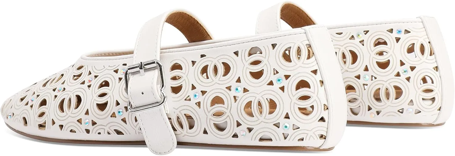 Women's Ballet Flats Laser Cut Leather Ballerinas Round Toe Rhinestone Buckle Flats Mesh Flats