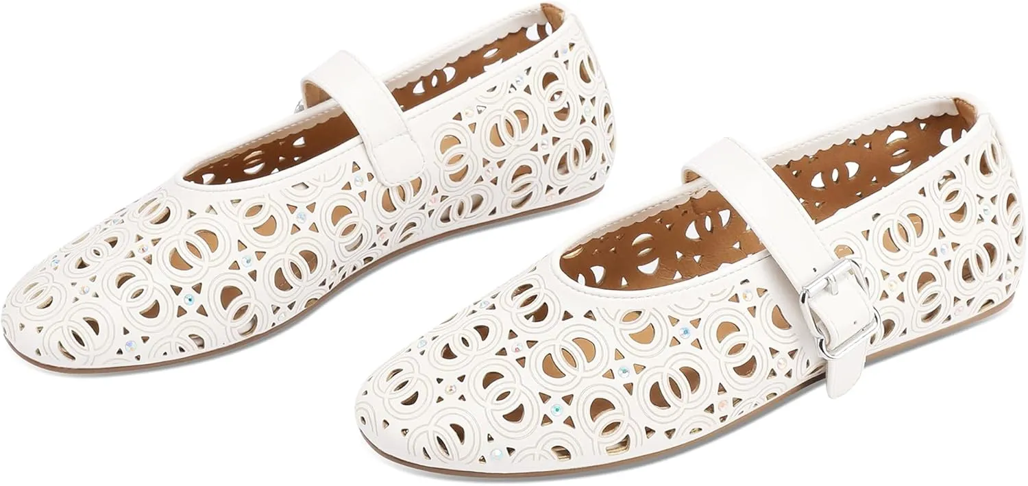 Women's Ballet Flats Laser Cut Leather Ballerinas Round Toe Rhinestone Buckle Flats Mesh Flats