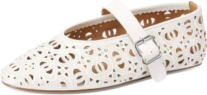 Women's Ballet Flats Laser Cut Leather Ballerinas Round Toe Rhinestone Buckle Flats Mesh Flats