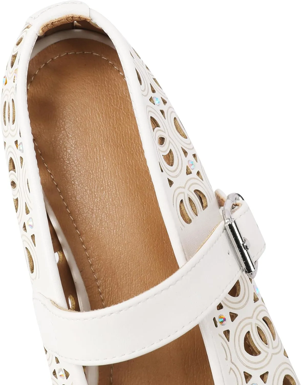 Women's Ballet Flats Laser Cut Leather Ballerinas Round Toe Rhinestone Buckle Flats Mesh Flats