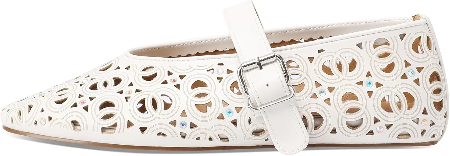 Women's Ballet Flats Laser Cut Leather Ballerinas Round Toe Rhinestone Buckle Flats Mesh Flats