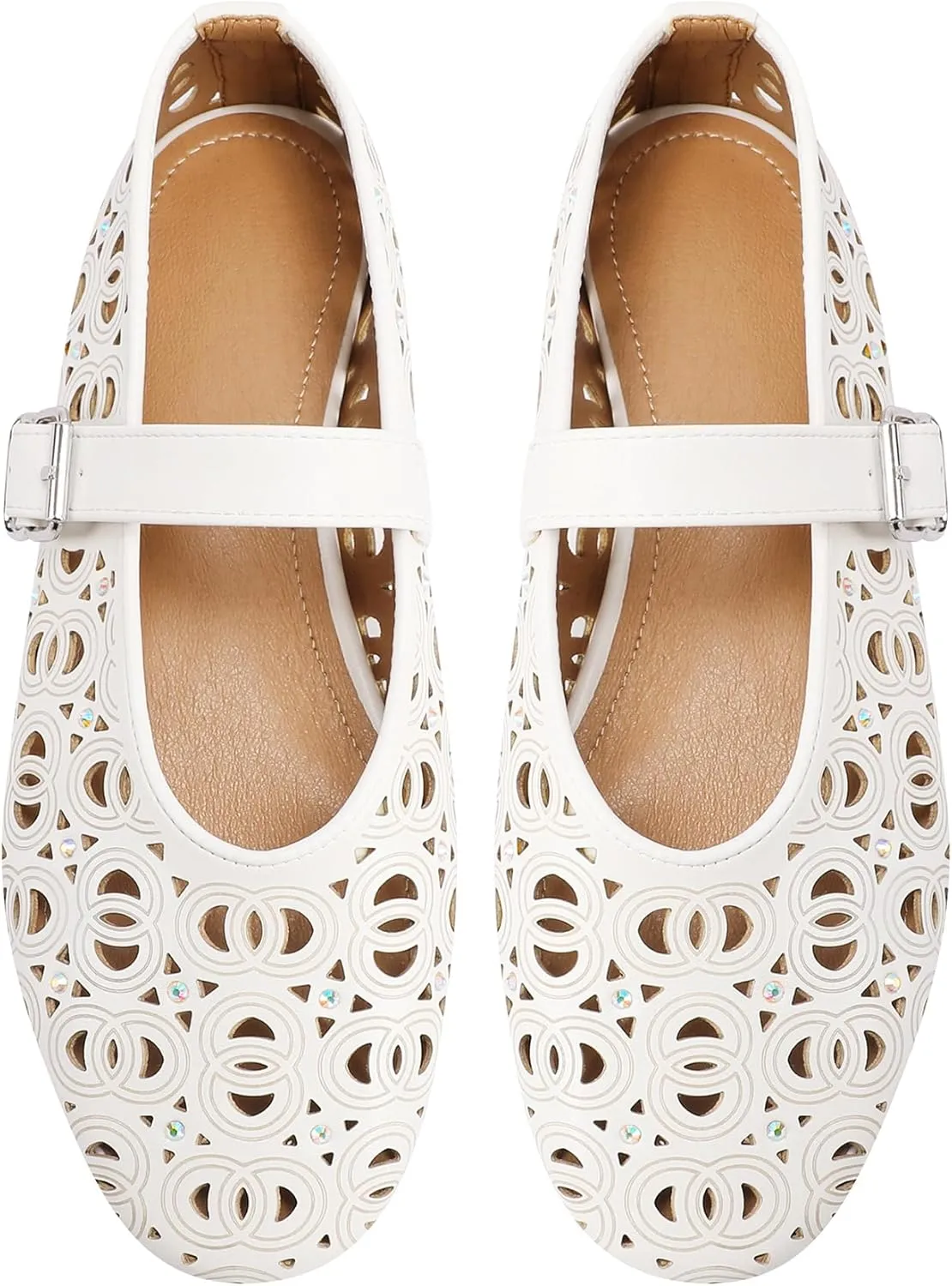 Women's Ballet Flats Laser Cut Leather Ballerinas Round Toe Rhinestone Buckle Flats Mesh Flats