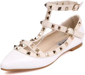 Womens Fashion Stud Flat Shoes Pointed Closed Toe Low Heels Color Block Studded T-Strap Casual Shoes Ankle Strap Buckle Classic Work Flats Office Shoes