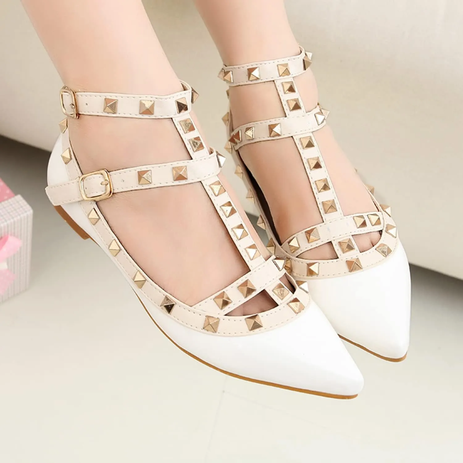 Womens Fashion Stud Flat Shoes Pointed Closed Toe Low Heels Color Block Studded T-Strap Casual Shoes Ankle Strap Buckle Classic Work Flats Office Shoes