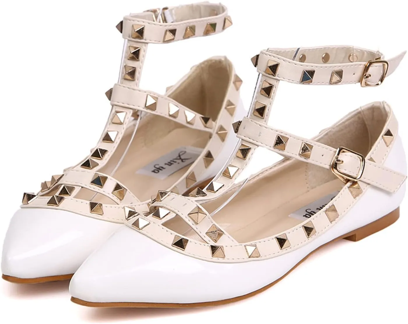 Womens Fashion Stud Flat Shoes Pointed Closed Toe Low Heels Color Block Studded T-Strap Casual Shoes Ankle Strap Buckle Classic Work Flats Office Shoes