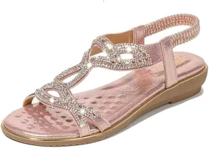 Women's Flat Sandals Summer Beach Sandal T-Strap Rhinestone Beaded Bohemia Shoes