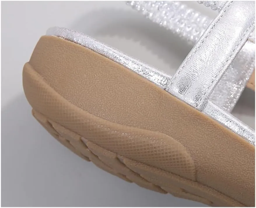 Women's Flat Sandals Summer Beach Sandal T-Strap Rhinestone Beaded Bohemia Shoes