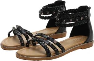 Women's Flat Sandals Summer Beach Sandal T-Strap Rhinestone Beaded Bohemia Shoes