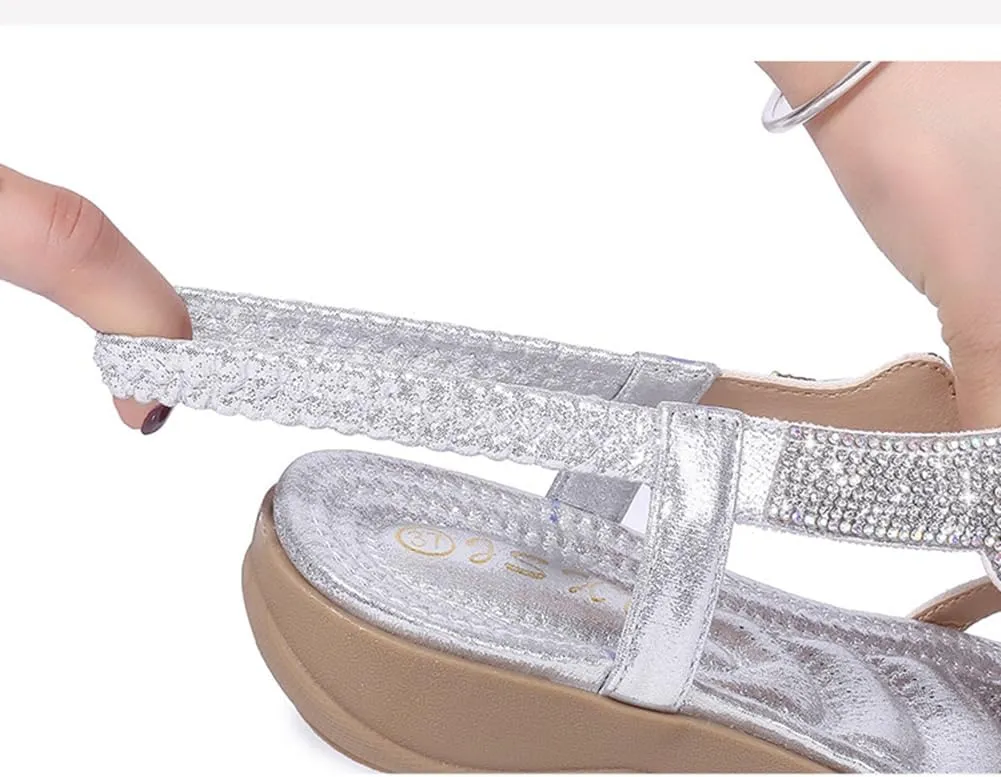 Women's Flat Sandals Summer Beach Sandal T-Strap Rhinestone Beaded Bohemia Shoes