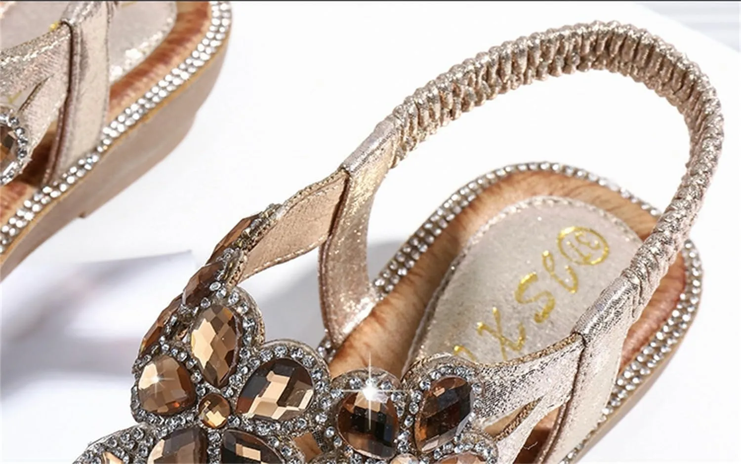 Women's Flat Sandals Summer Beach Sandal T-Strap Rhinestone Beaded Bohemia Shoes