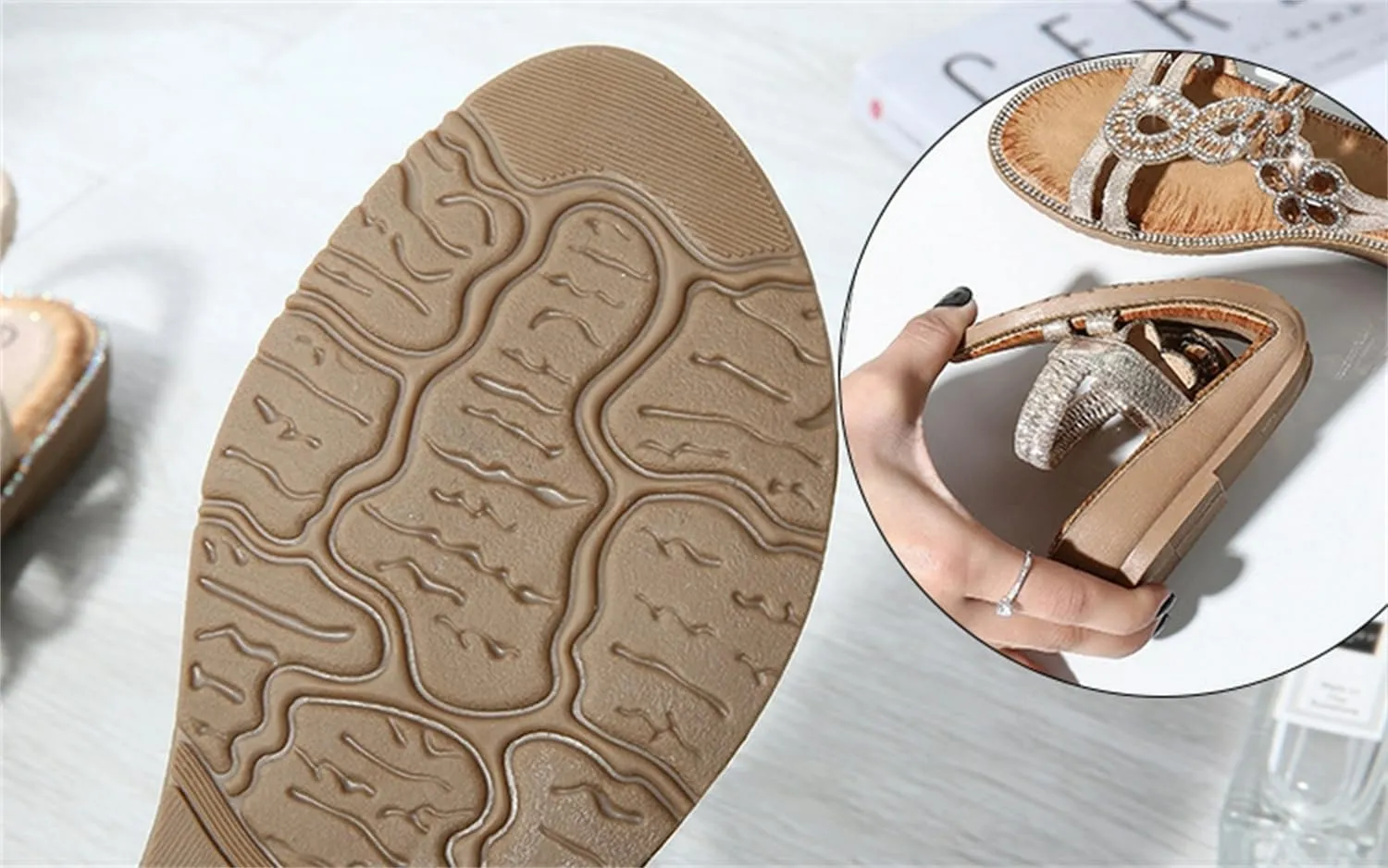 Women's Flat Sandals Summer Beach Sandal T-Strap Rhinestone Beaded Bohemia Shoes