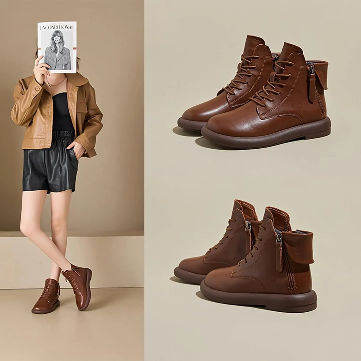 Women's Genuine Leather Flat Ankle Boots Retro Plush Lining Round Toe Lace Up Side Zipper Soft Sole Casual Booties Comfortable Lightweight Short Booties