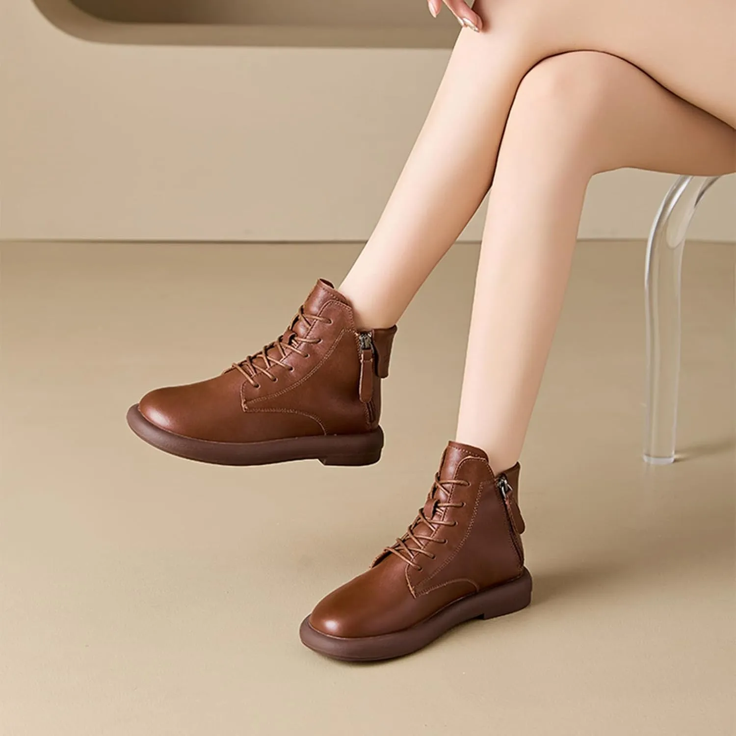 Women's Genuine Leather Flat Ankle Boots Retro Plush Lining Round Toe Lace Up Side Zipper Soft Sole Casual Booties Comfortable Lightweight Short Booties