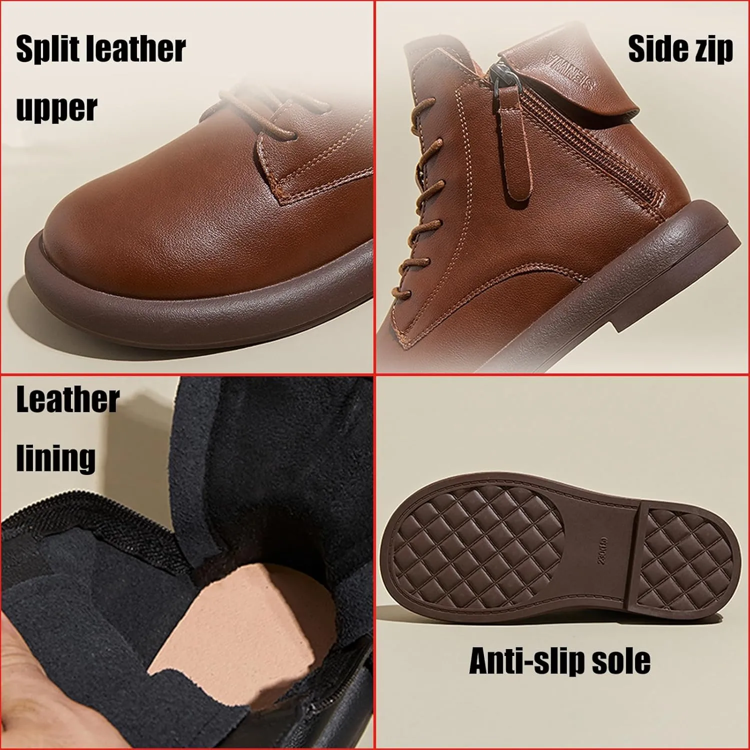 Women's Genuine Leather Flat Ankle Boots Retro Plush Lining Round Toe Lace Up Side Zipper Soft Sole Casual Booties Comfortable Lightweight Short Booties