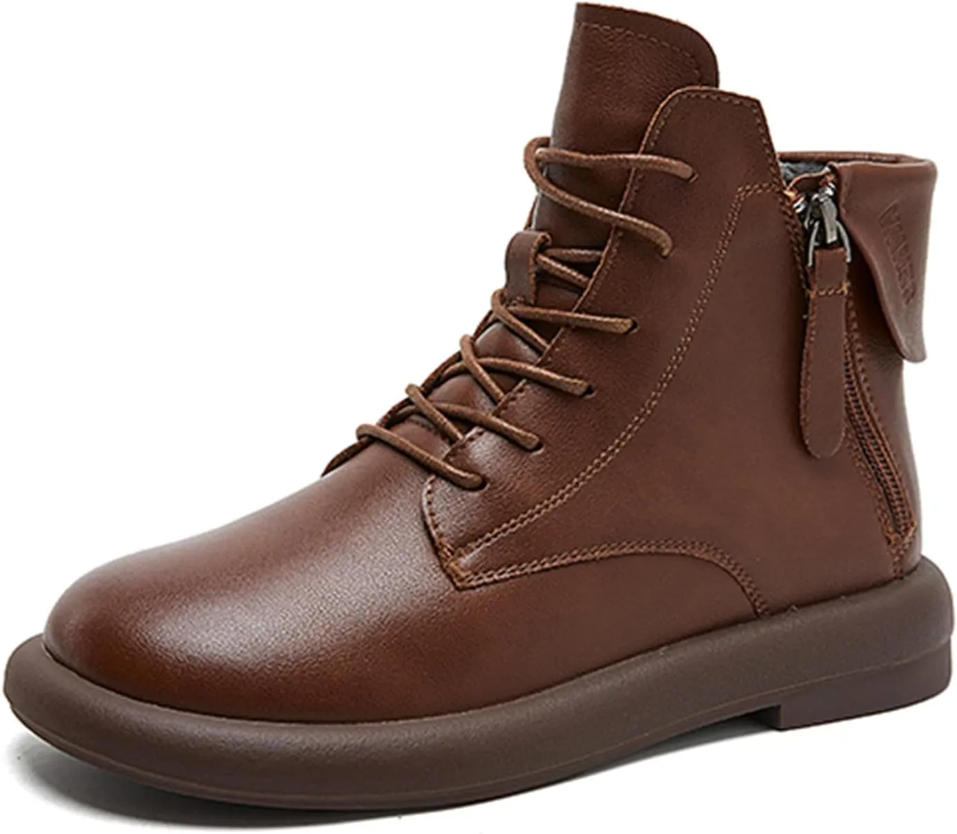Women's Genuine Leather Flat Ankle Boots Retro Plush Lining Round Toe Lace Up Side Zipper Soft Sole Casual Booties Comfortable Lightweight Short Booties