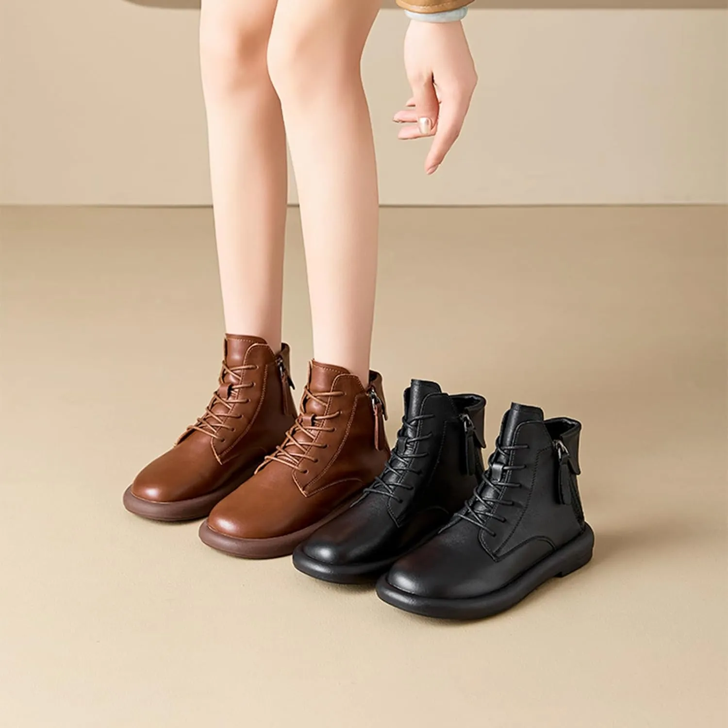 Women's Genuine Leather Flat Ankle Boots Retro Plush Lining Round Toe Lace Up Side Zipper Soft Sole Casual Booties Comfortable Lightweight Short Booties